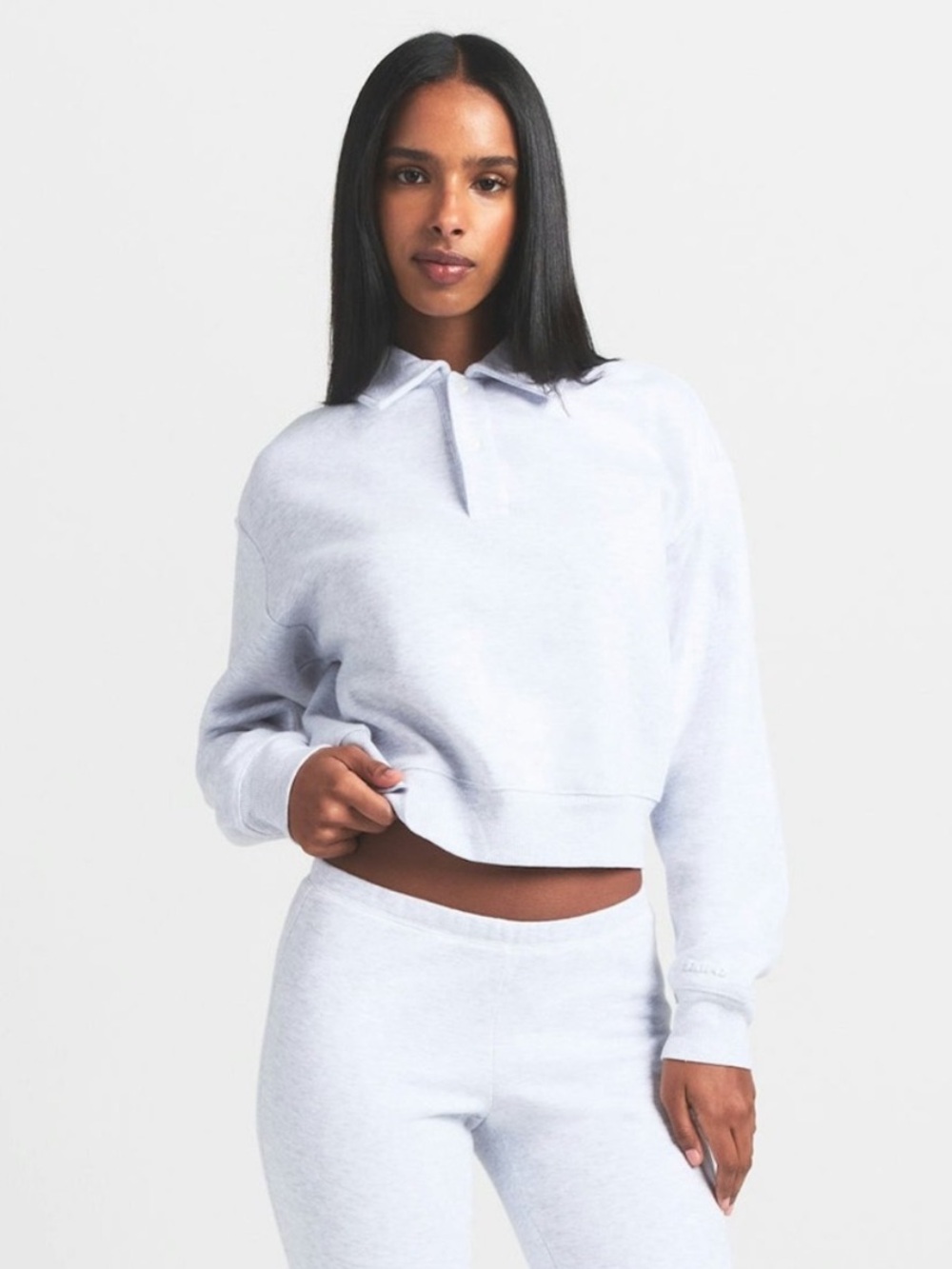 SKIMS Cotton Fleece Polo Sweatshirt in Light Heather Grey